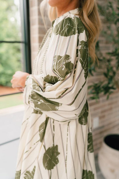 Floral Striped Print Contrast Piping Puff Sleeve Dress | Guacamole Green