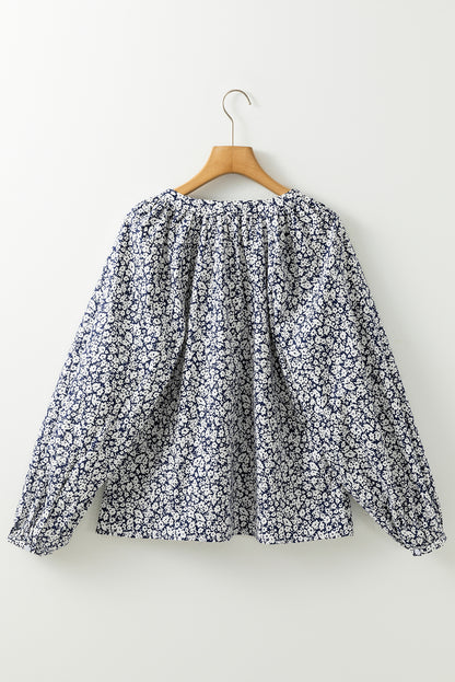 Floral Print Notched V Neck Puff Sleeve Blouse | Blue