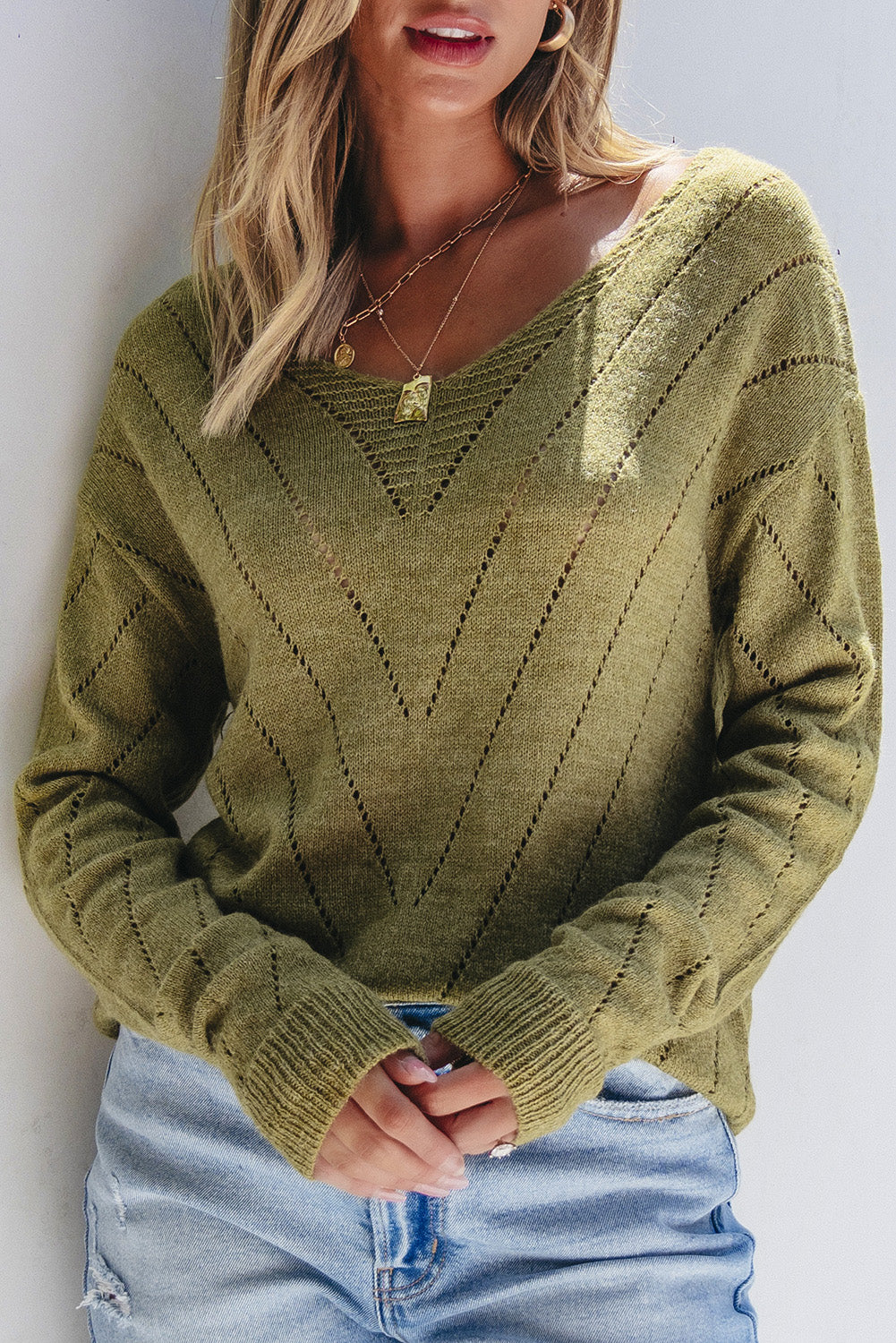 Solid Eyelet Drop Shoulder V Neck Sweater | Sage Green