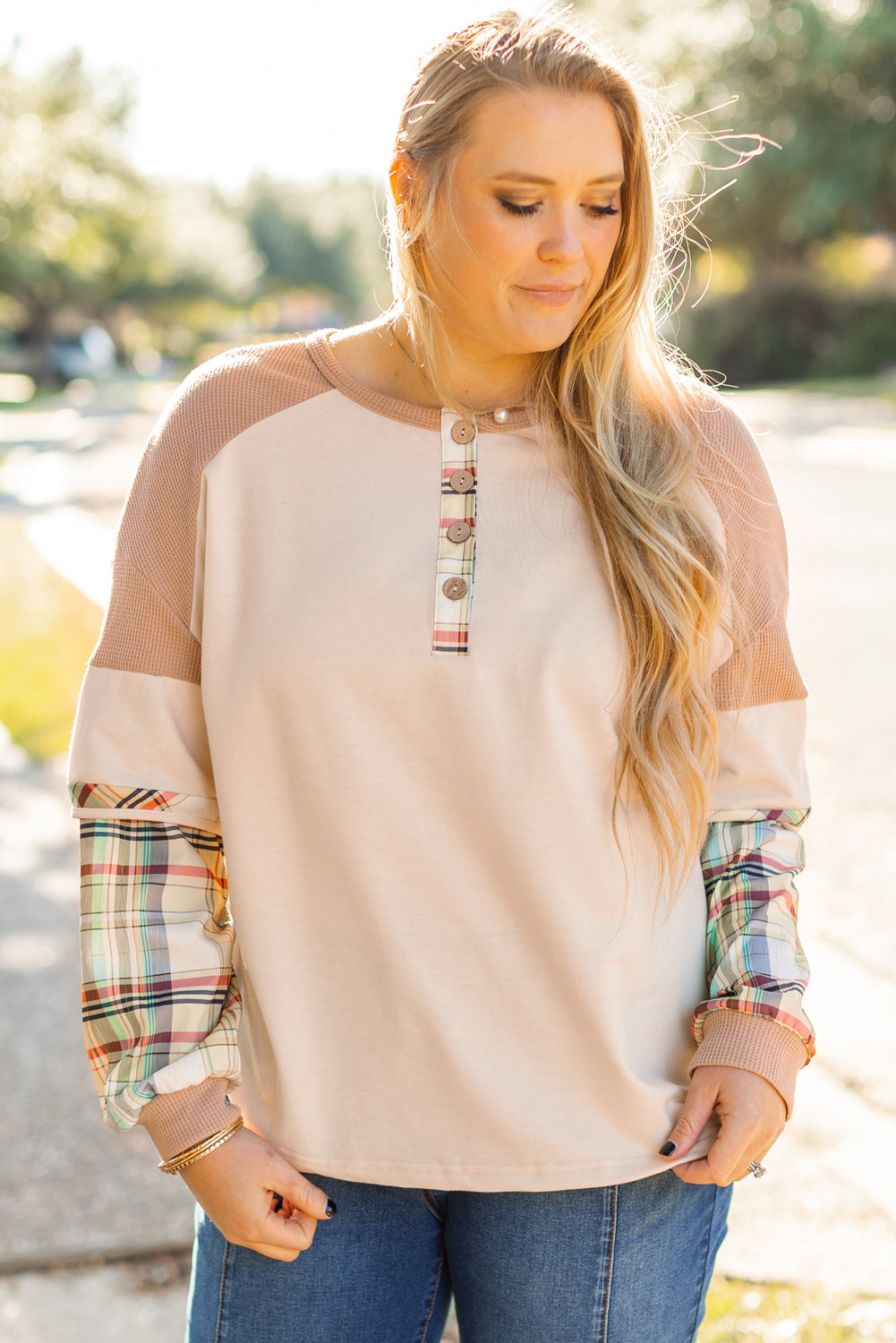 Plus Size Plaid Patchwork Layered Henley Top | Parchment