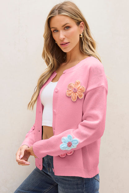 Cute Knitted Floral Pattern Button Up Cardigan | Pink