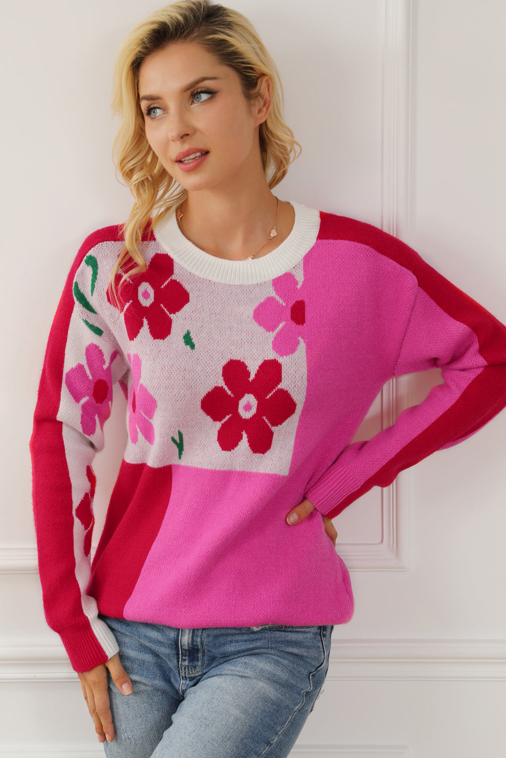 Floral Mixed Colour Block Sweater | Rose Red