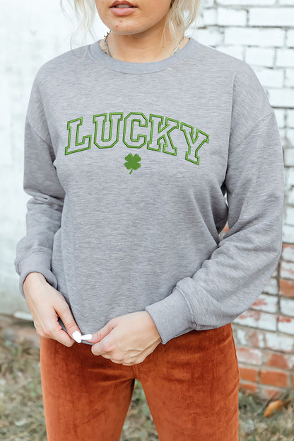 Gray LUCKY Clover Embroidered Pullover Sweatshirt