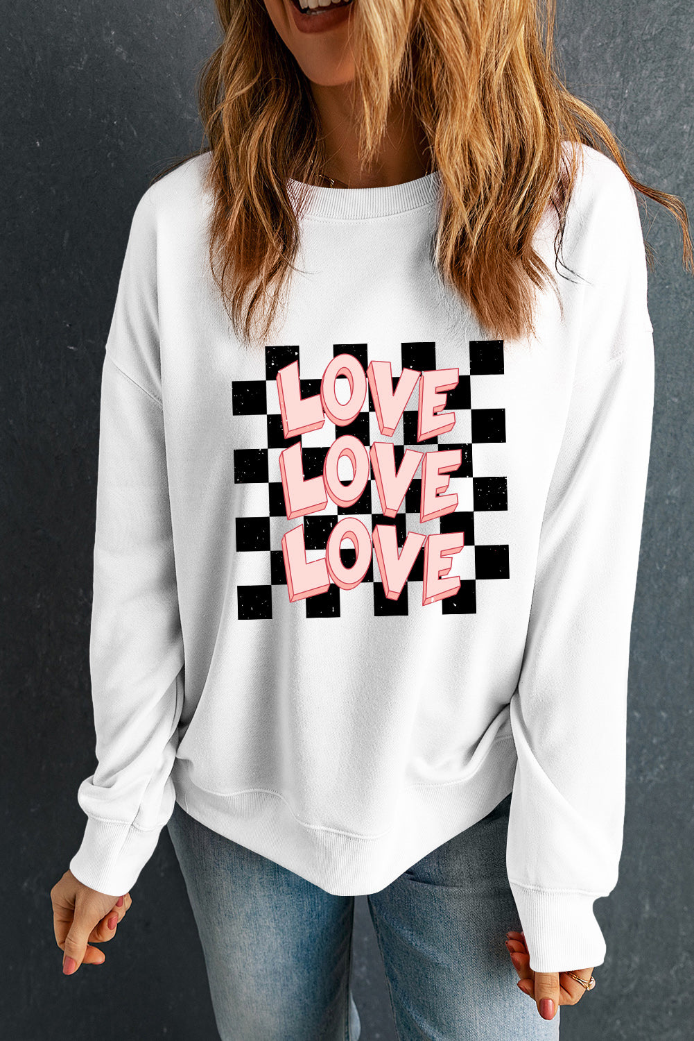 Checkerboard Love Printed Round Neck Valentines Sweatshirt | White