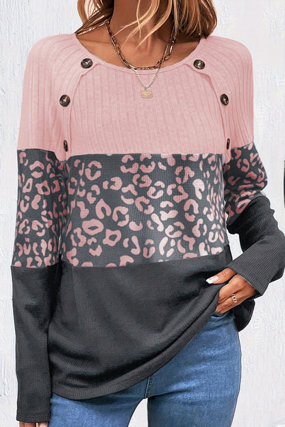 Cheetah Textured Patchwork Buttoned Round Neck T Shirt | Pink