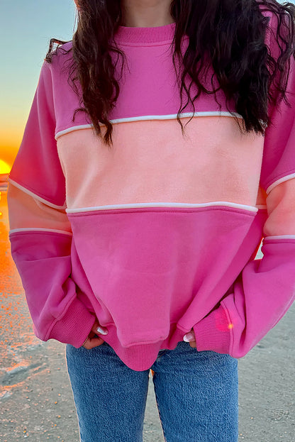 Colourblock Patchwork Drop Shoulder Ribbed Trim Sweatshirt | Sachet Pink