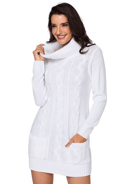 Cowl Neck Cable Knit Sweater Dress | White