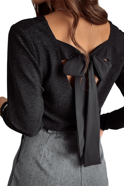 Metallic Bowknot Open Back V Neck Top | Black