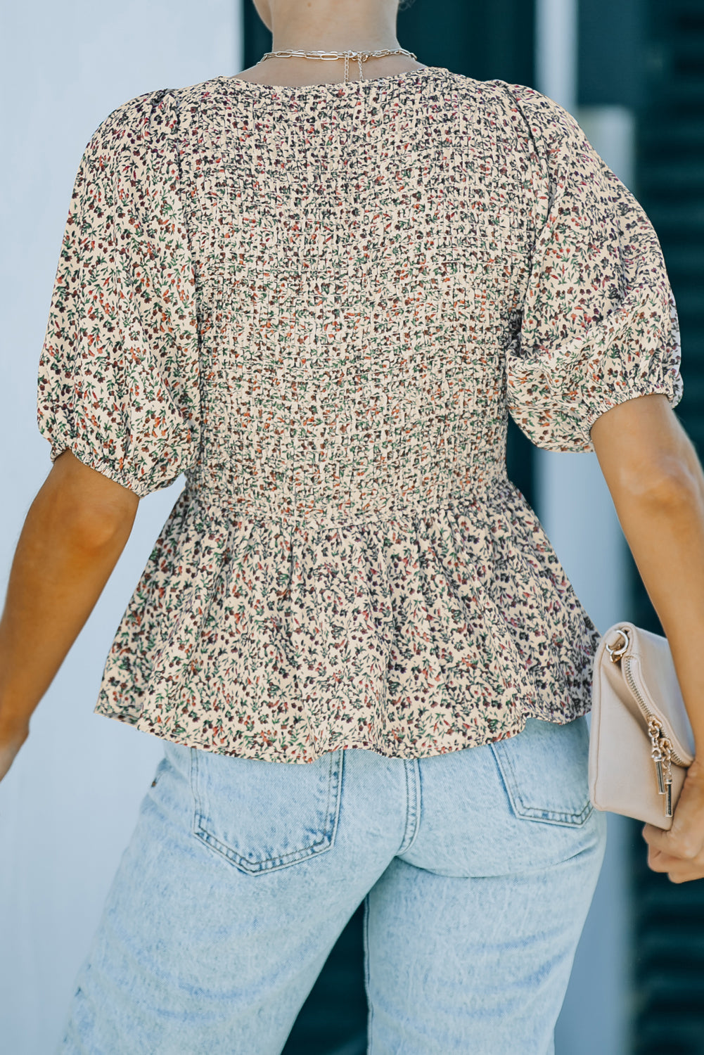 Floral Print Puff Sleeve Smocked Top | Green