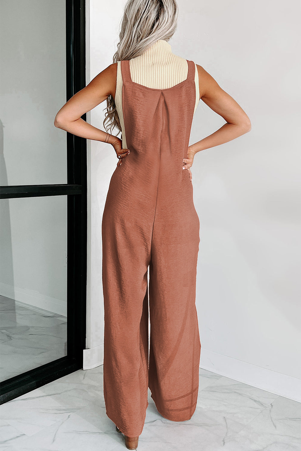 Textured Buttoned Straps Ruched Wide Leg Jumpsuit | Gold Flame