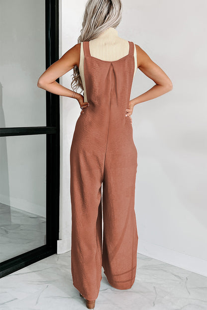 Textured Buttoned Straps Ruched Wide Leg Jumpsuit | Gold Flame