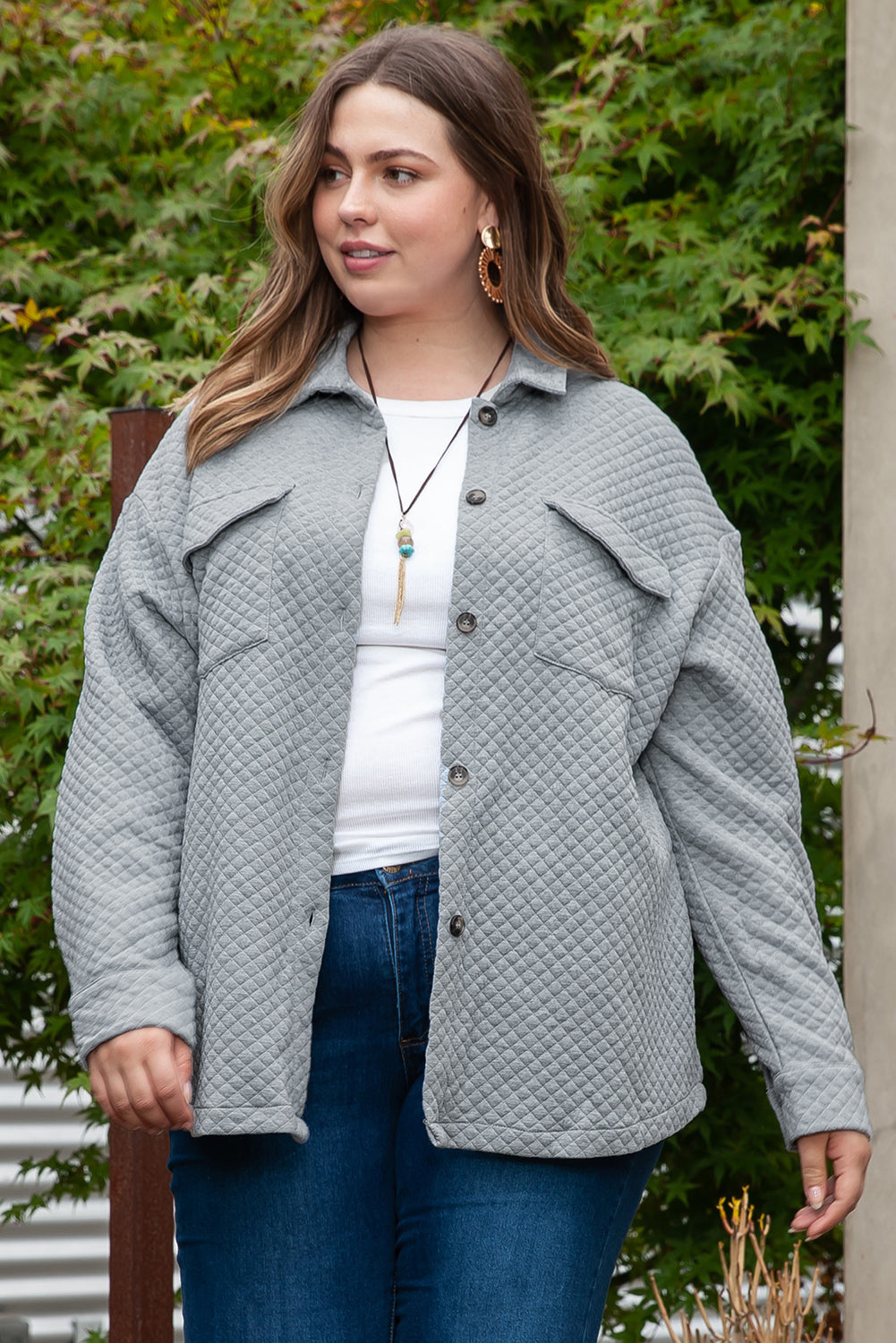 Plus Size Quilted Pattern Shacket | Gray