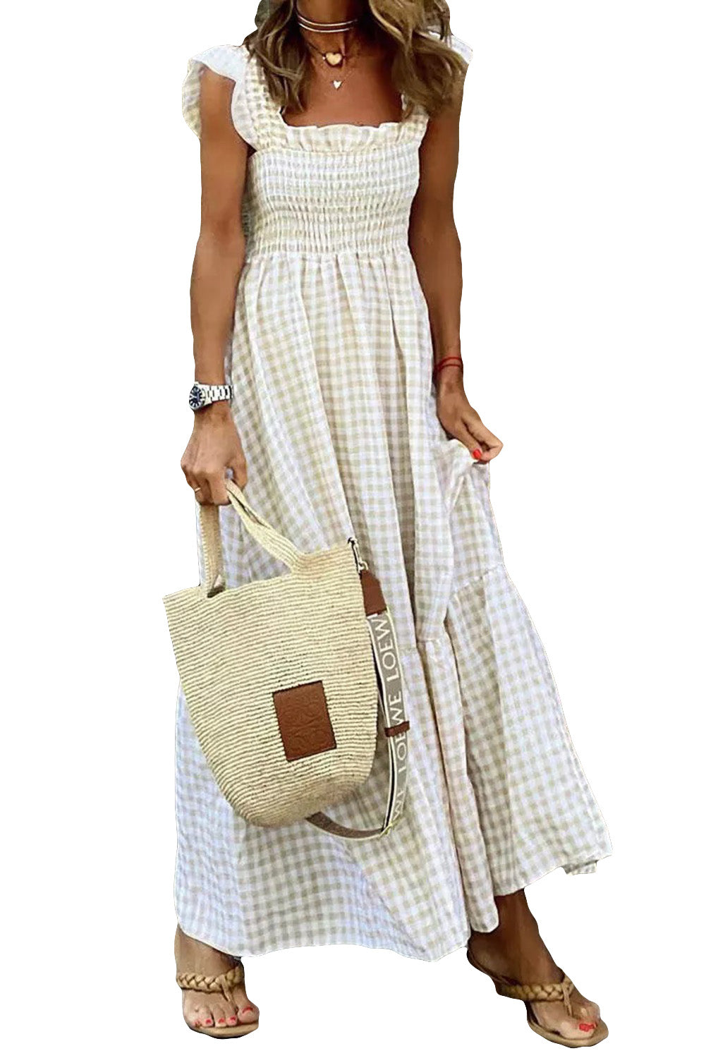 Plaid Ruffled Sleeve Smocked Maxi Dress | Khaki