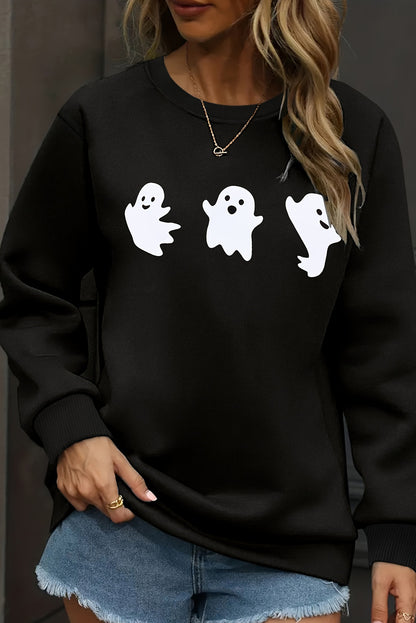 Halloween Ghosts Print Round Neck Sweatshirt | Black