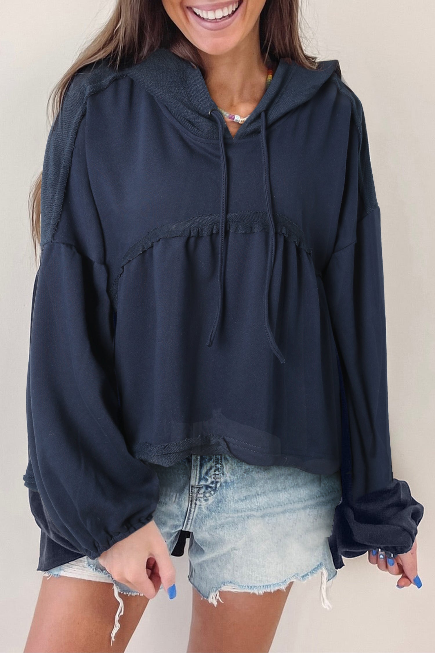 Dark Blue Oversized Ruffled High Low Hem Drop Shoulder Hoodie