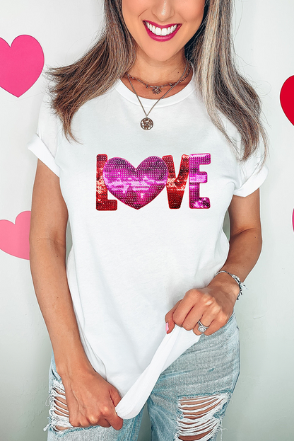 Heart Love Patched Pattern Crewneck Valentines T Shirt | White