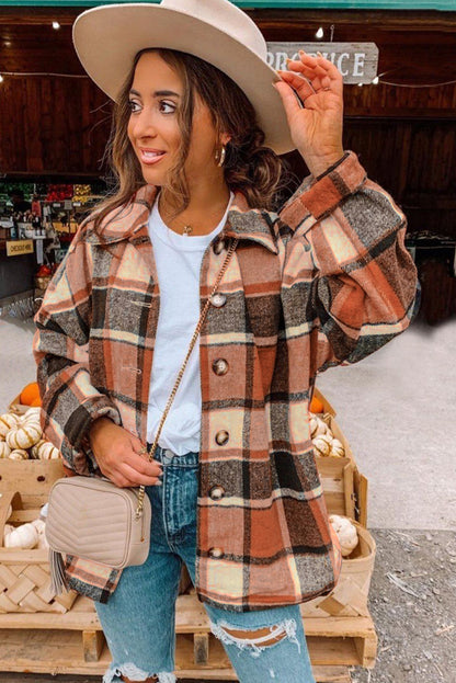 Plaid Print Buttoned Shirt Jacket | Orange