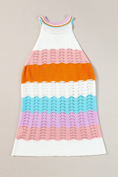 Wavy Striped Print Textured Knit Sleeveless Sweater Top | Multicolour