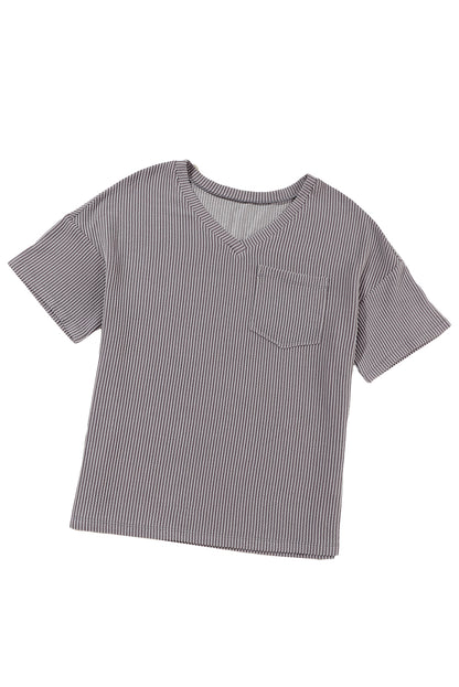 Corded V Neck Chest Pocket Loose T-Shirt | Light Grey