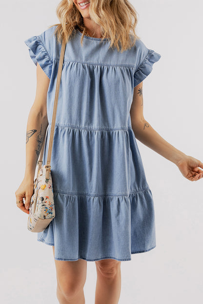 Ruffle Short Sleeve Tiered A-Line Denim Dress | Beau Blue