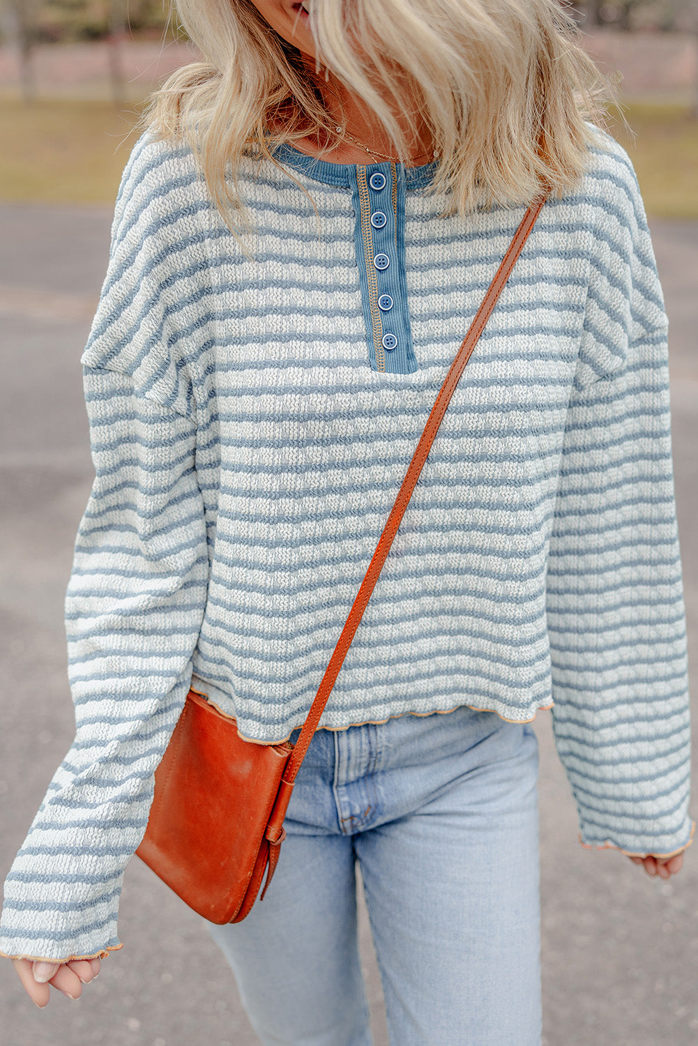 Textured Frilly Trim Buttons Henley Long Sleeve Top | Sky Blue Stripe