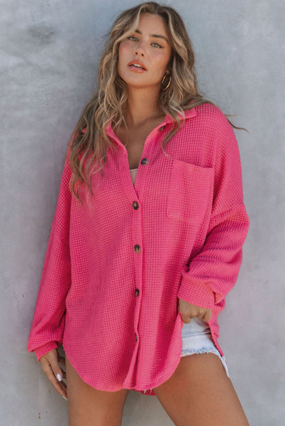 Waffle Knit Button Up Casual Shirt | Pink