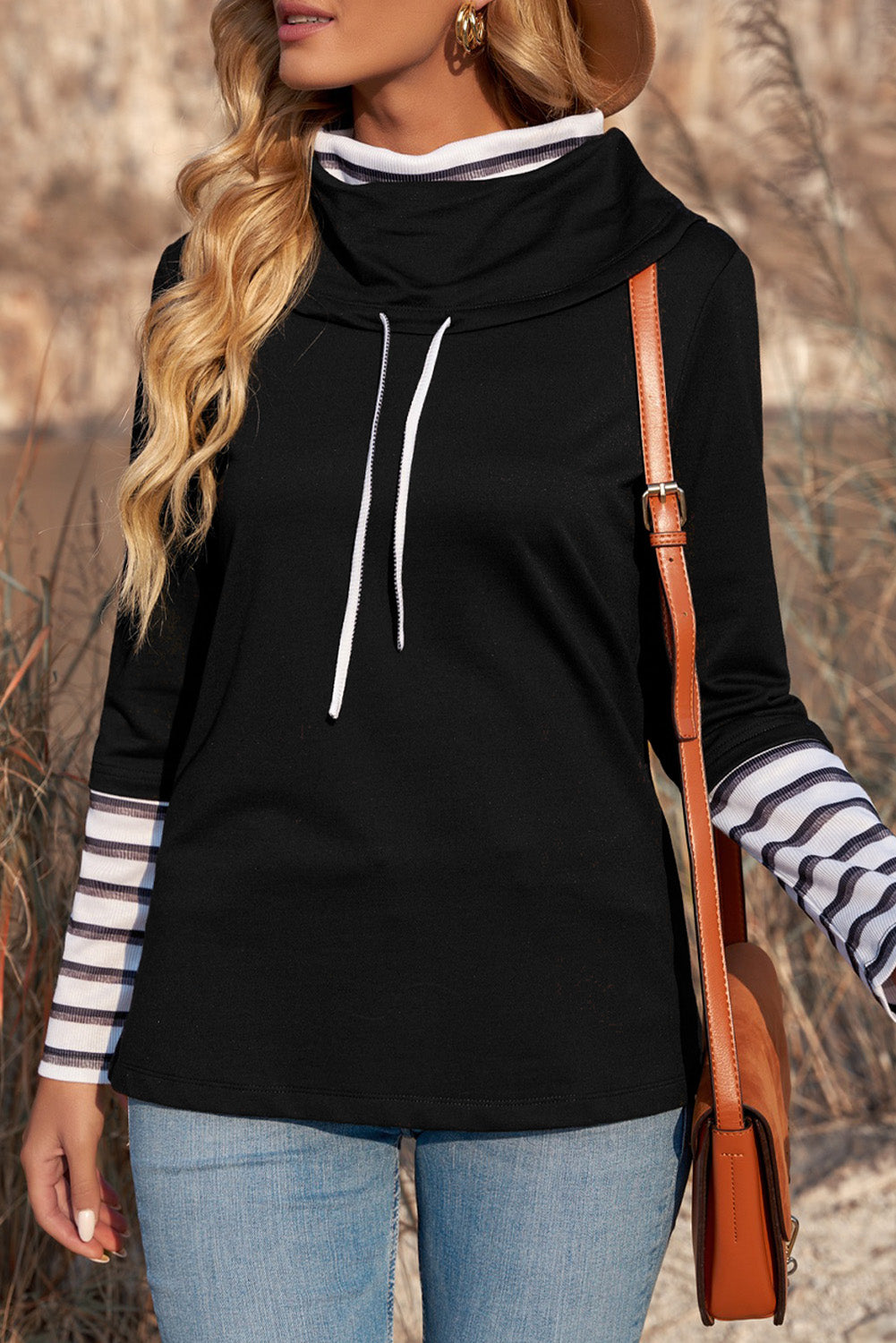 Striped Splicing High Neck Sweatshirt | Black