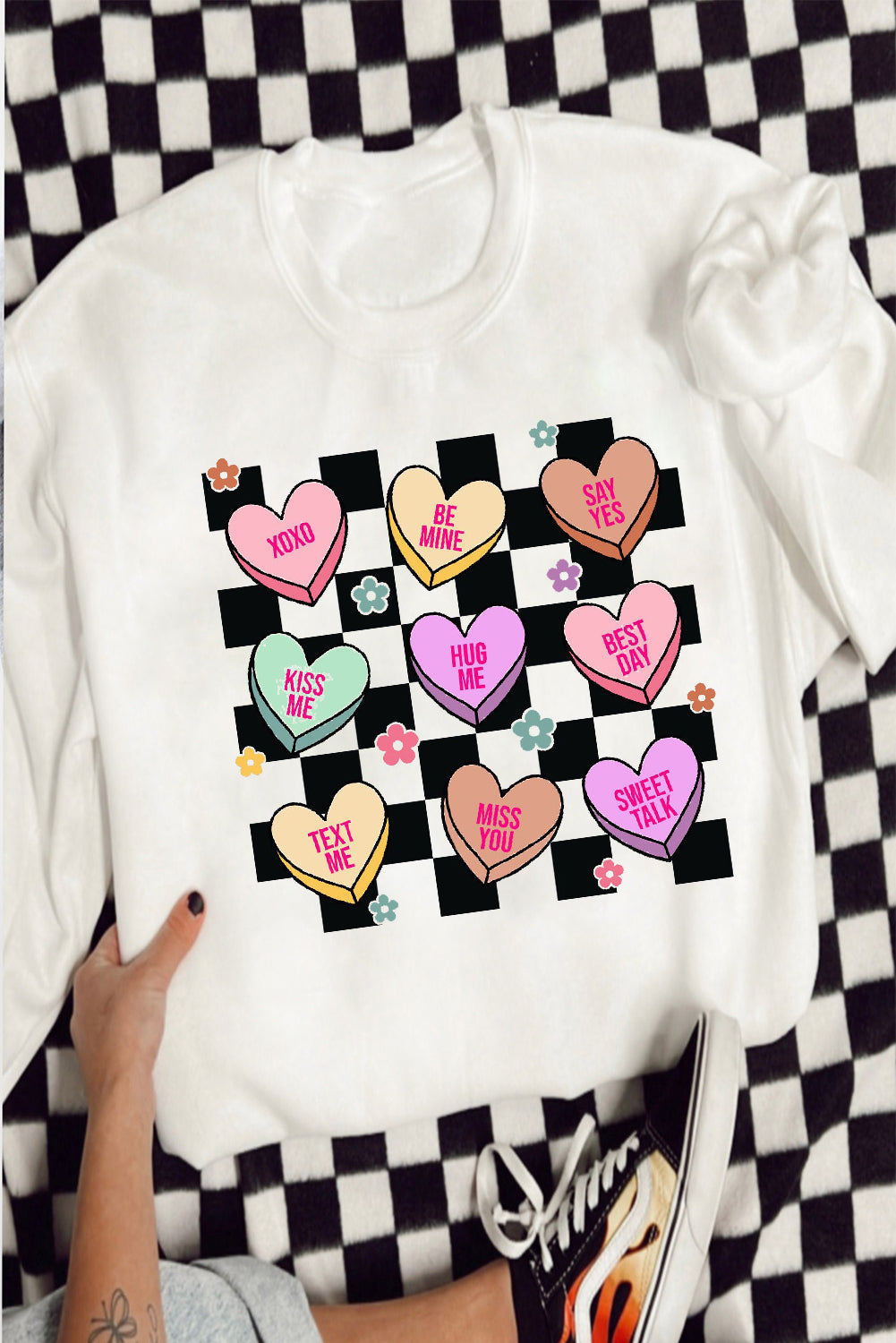 Checkered Valentines Letter Heart Pattern Sweatshirt | White