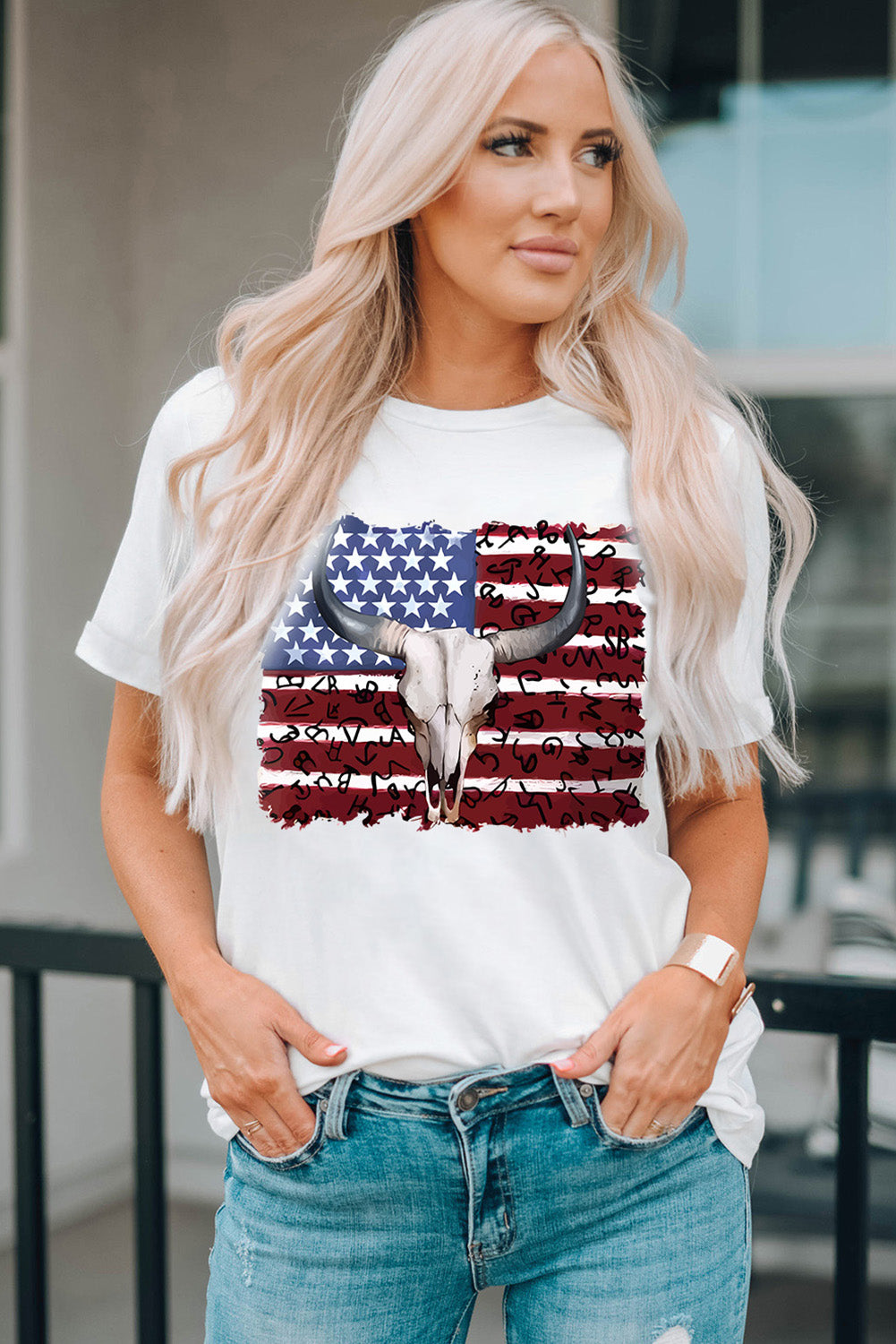 Bull Skull American Flag Graphic Tee | White