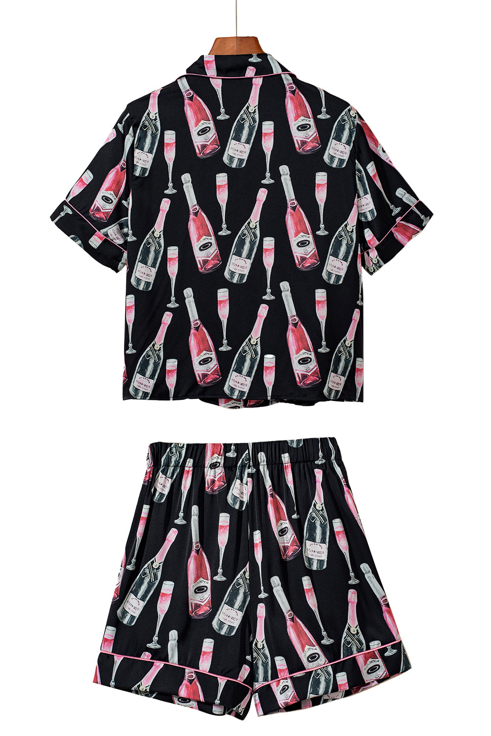 Champagne Print Silky Short Sleeve Pajamas Set | Black