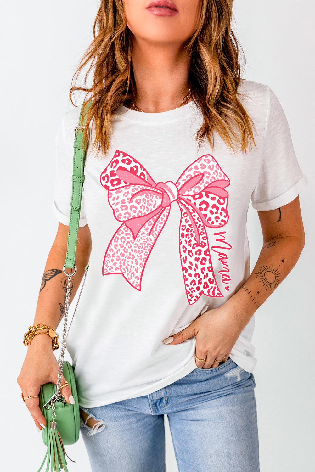 Leopard Bow Graphic Mothers Day Fashion T Shirt | White