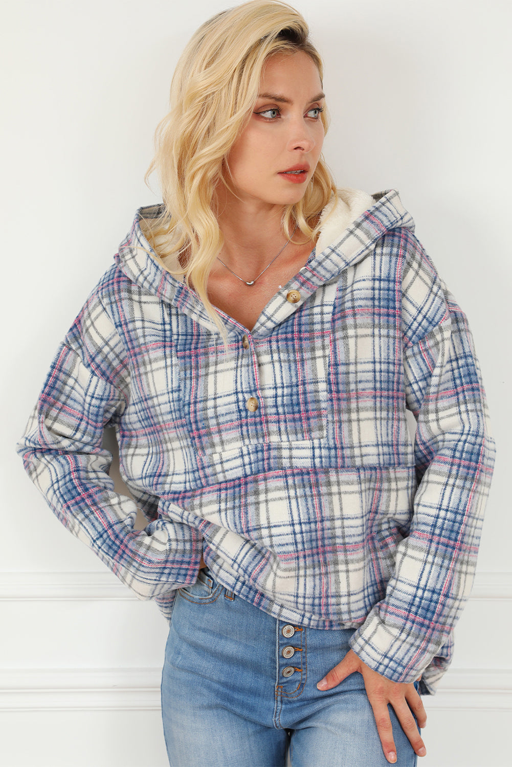 Plaid Button Neck Pocketed Pullover Hoodie | White