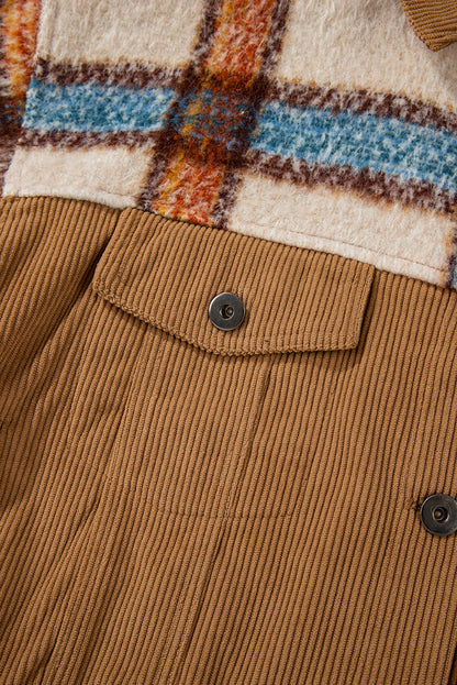 Plaid Corduroy Flap Pockets Boxy Chunky Jacket | Khaki