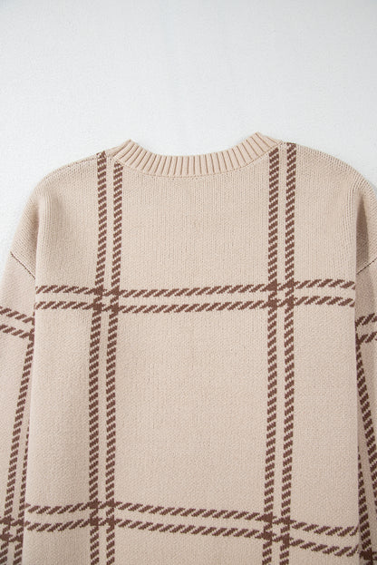 Plaid Pattern Knitted Drop Shoulder Sweater | Khaki