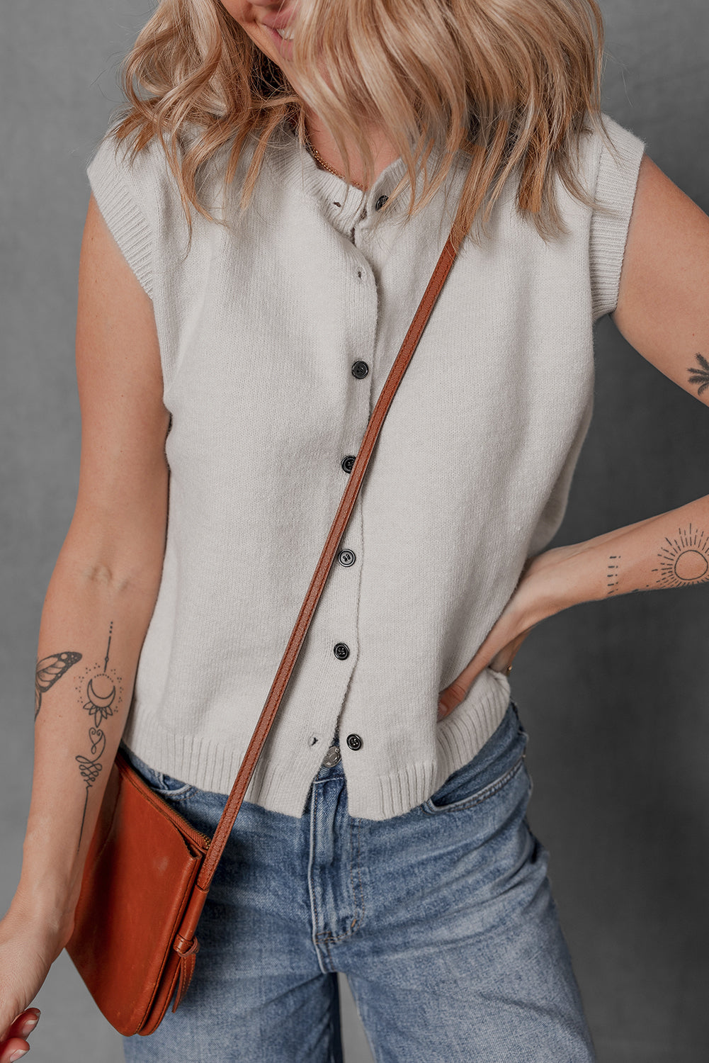 Button Up O Neck Sweater Vest | Jet Stream