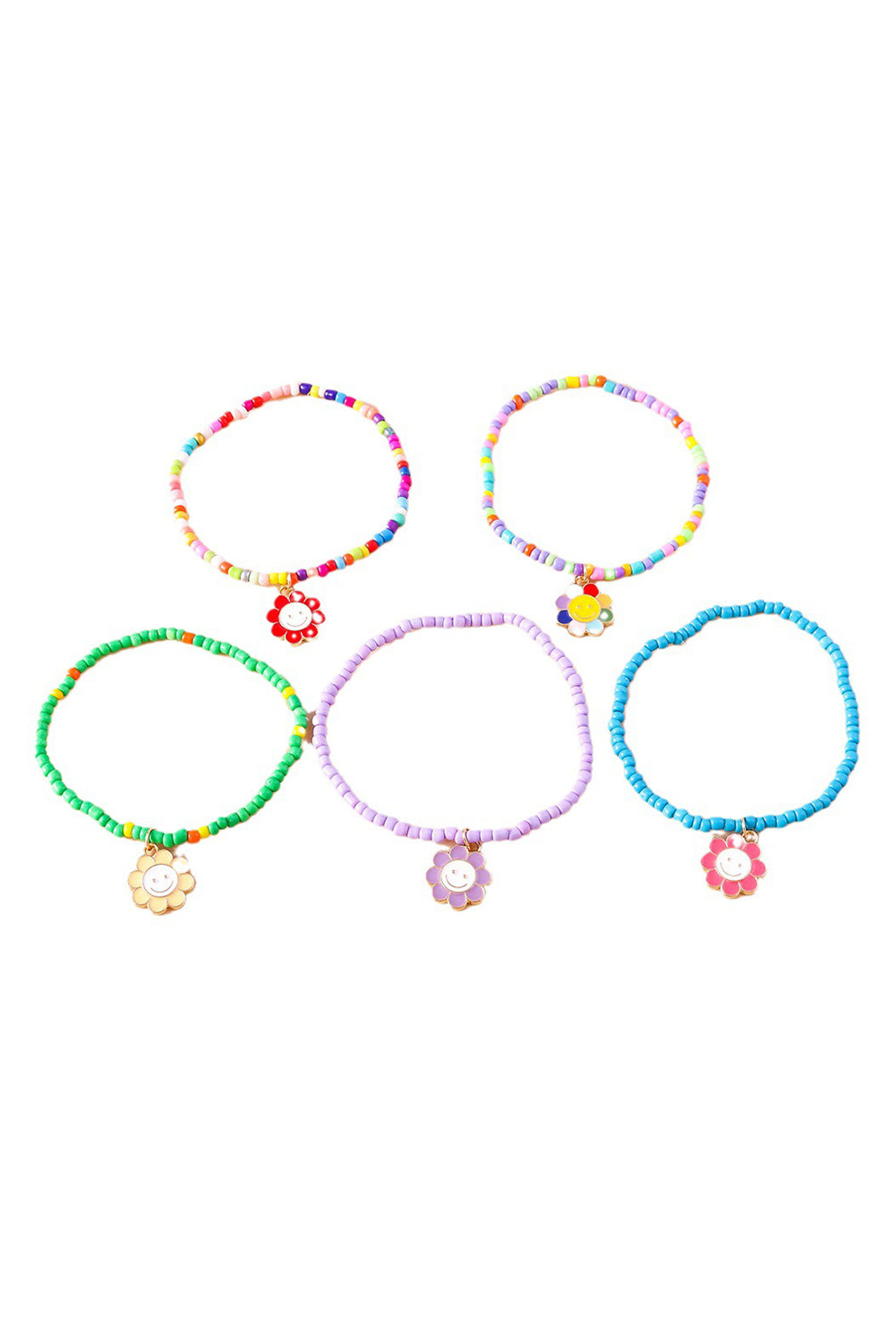 5Pcs Smiley Flower Pendant Beaded Bracelet Set | Light Blue