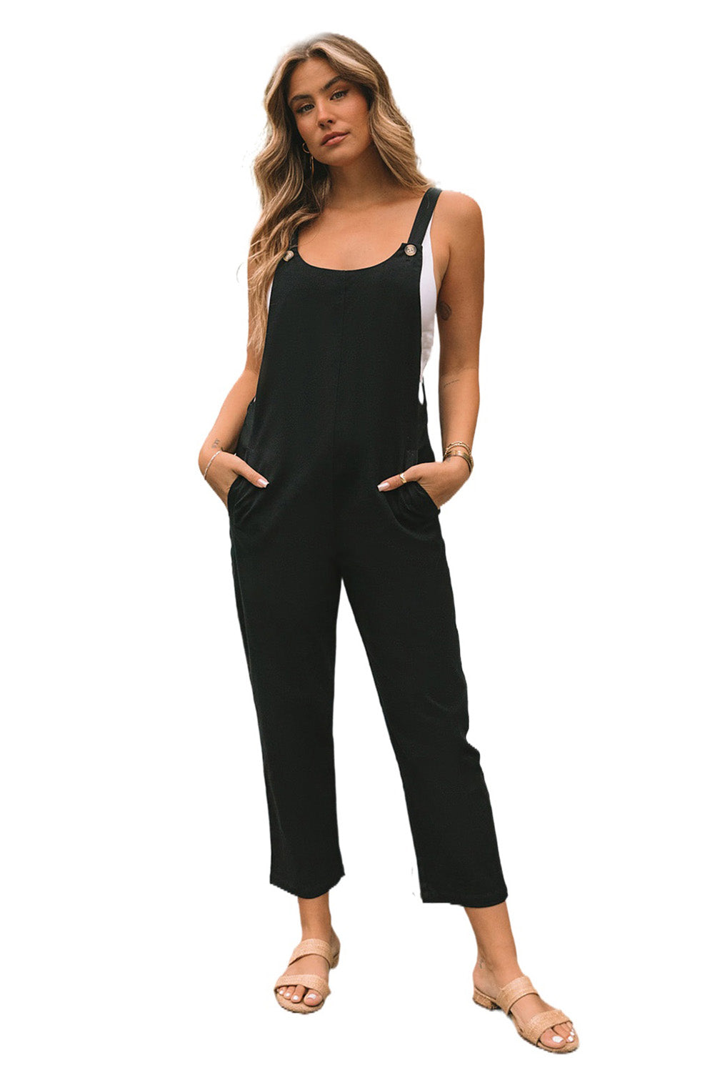 Button Straps Pocketed Cropped Jumpsuit | Black