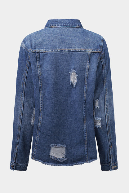 Lapel Distressed Raw Hem Buttons Denim Jacket | Blue