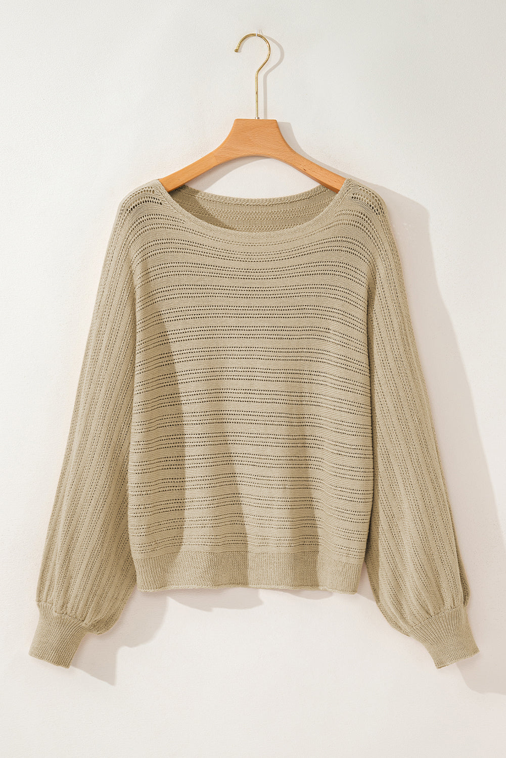 Lantern Sleeve Eyelets Textured Knit Sweater | Apricot