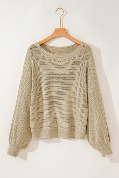 Lantern Sleeve Eyelets Textured Knit Sweater | Apricot