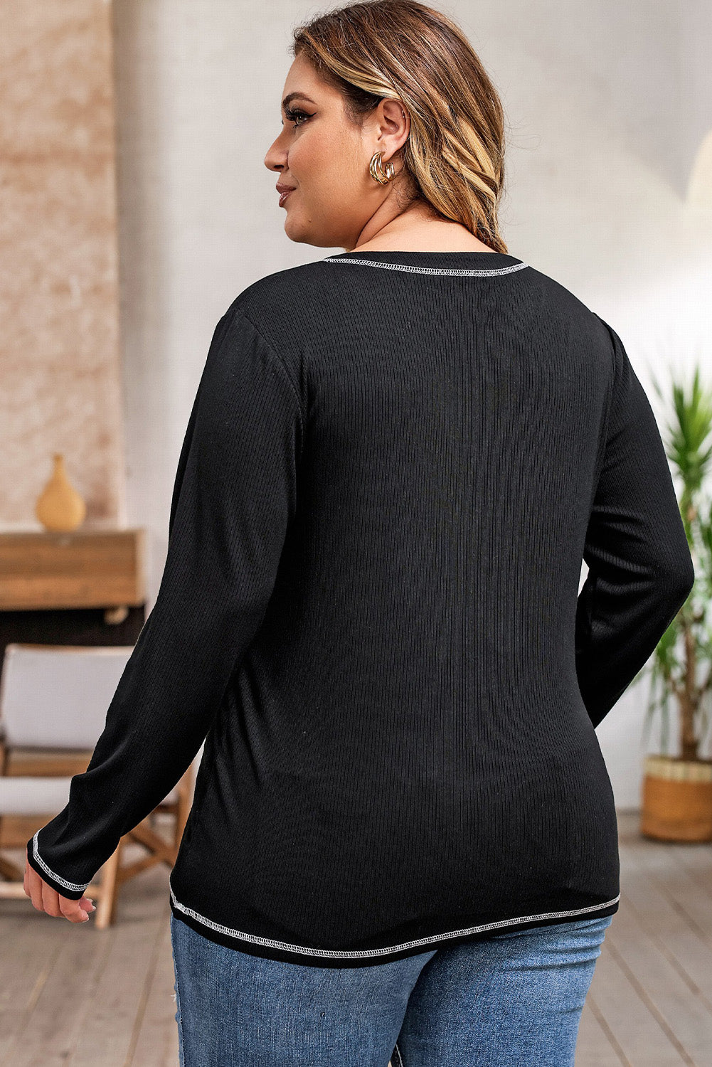 Plus Size Contrasting Topstitch Ribbed Henley Top | Black