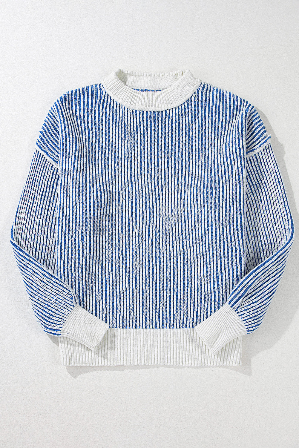 Striped Textured Knit Contrast Edge Loose Sweater | Dark Blue