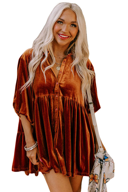 3/4 Sleeve Tunic Babydoll Velvet Shirt | Chestnut