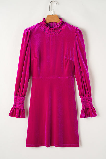 Smocked Mock Neck Ruffled Puff Sleeve Velvet Mini Dress | Rose Red