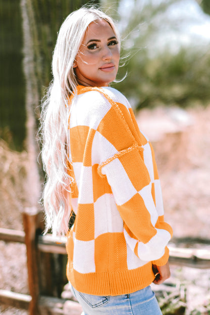 Orange Checkered Bishop Sleeve Sweater | Grapefruit Orange