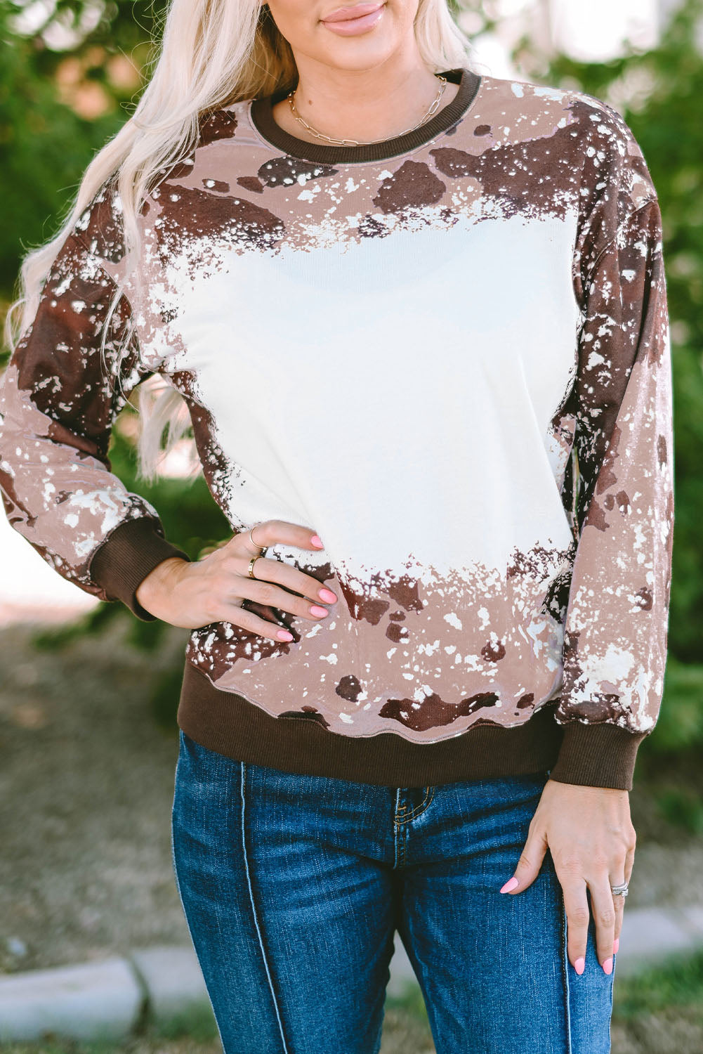 Bleached Tie Dye Leopard Print Long Sleeve Top | Brown