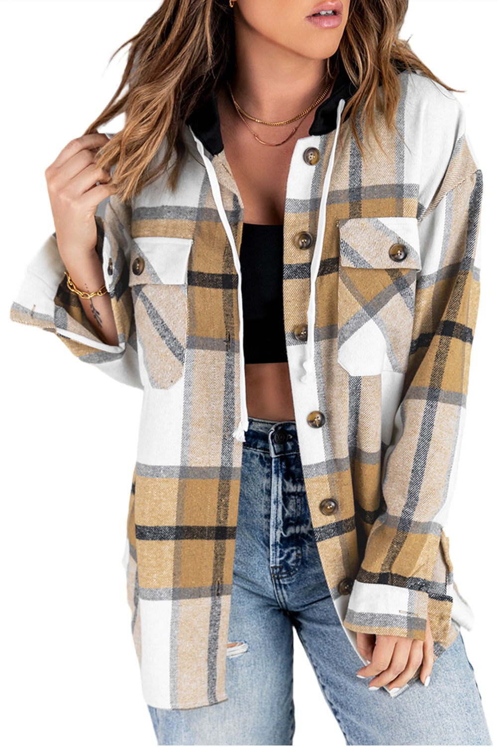 Plaid Button-Up Pocket Hooded Shirt Jacket | White