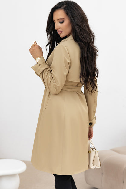 Solid Colour Lapel Collar Waist Tie Wind Coat | Pale Khaki