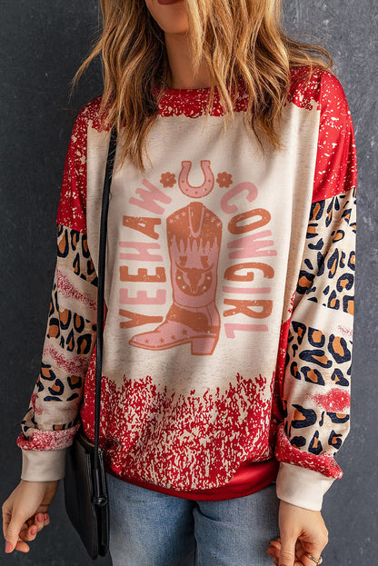 Yeehaw Cowgirl Graphic Bleached Scatter Leopard Sleeve Sweatshirt | Red