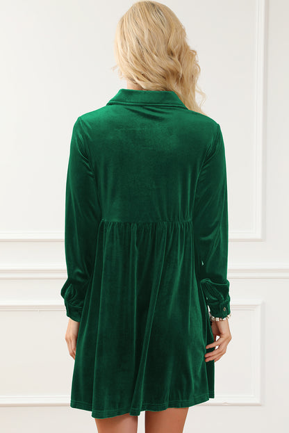 Long Sleeve Ruffle Velvet Button Up Dress | Green